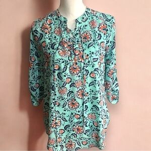 Decree Teal and Peach Floral Print Split Neck Laced Front‎ Top